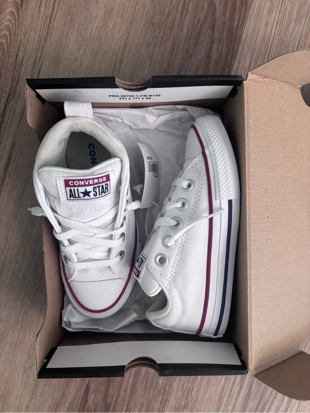 Converse Kids White Low Top Sneakers with Purple Trim